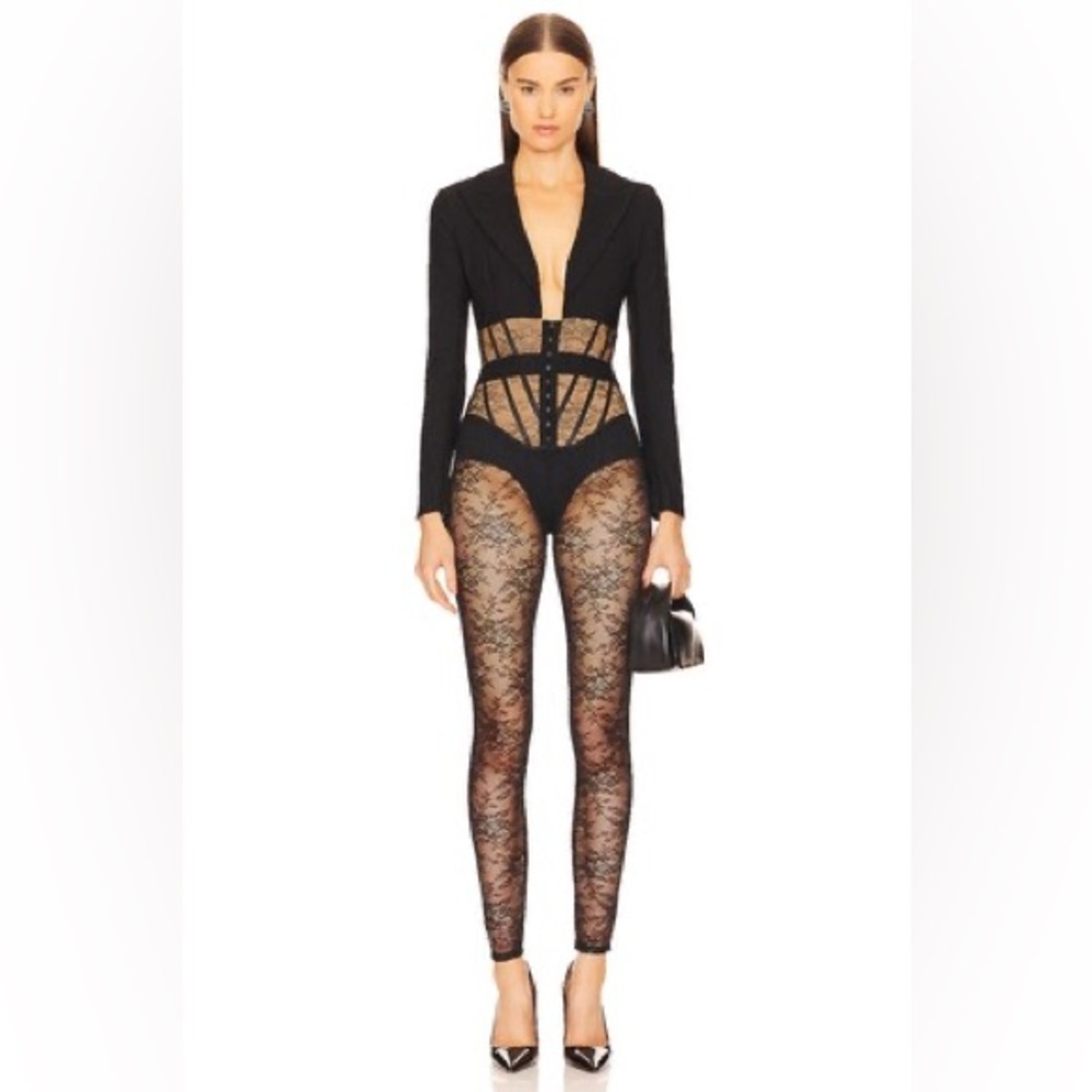 NWT REVOLVE Michael Costello Claudette Jumpsuit in Black lace corset nude sheer